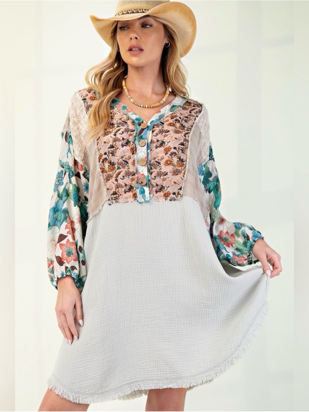 Easel Cotton Mixed-Print Boho Dress with Teal Floral Sleeves NWT